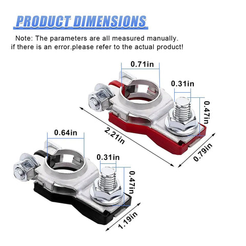 Heavy Top Post Battery Terminal Connector Adapter Rock Solid Galvanized Steel showing dimensions of 2.21in x 1.19in x 0.7in.
