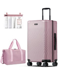 Pink recycled polycarbonate carry-on luggage by ECOHUB with spinner wheels and matching duffel bag. Travel bottles included.