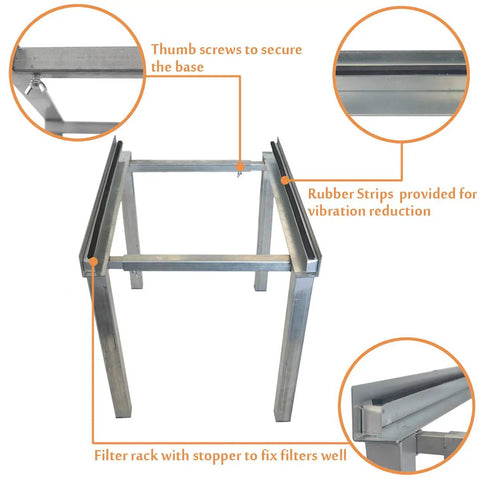 Beefy Built Tough Air Handler Stand for Heat Pumps and Central AC Units, galvanized steel, thumb screws, rubber strips, filter rack.
