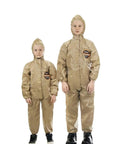 Two children wearing Disposable Protective Coverall With Hood And Elastic Cuffs Zipper Front Level C Safety Suit YL Size For Heights 4 Feet 2 Inches To 5 Feet 0 Inches Made In USA No Fuss Easy On Off Great For Worksite Hazmat Prep.