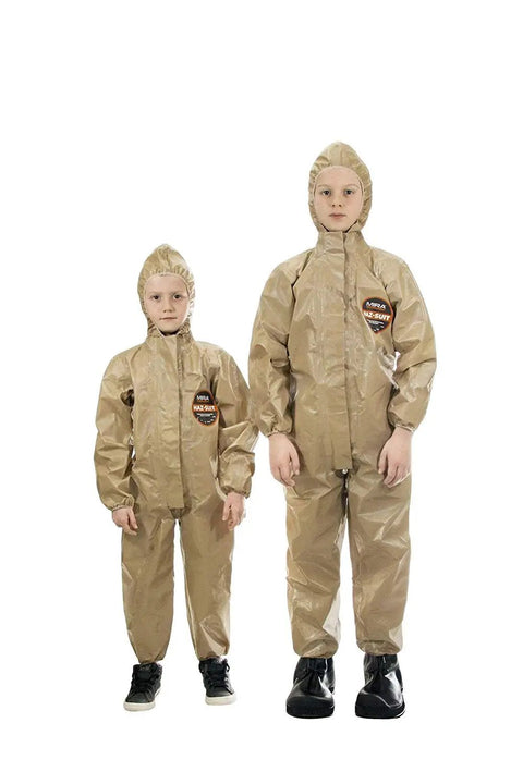 Two children wearing Disposable Protective Coverall With Hood And Elastic Cuffs Zipper Front Level C Safety Suit YL Size For Heights 4 Feet 2 Inches To 5 Feet 0 Inches Made In USA No Fuss Easy On Off Great For Worksite Hazmat Prep.