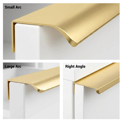 Heavy Duty 10 Pack Edge Finger Pulls For Cabinets Sleek Concealed Drawer Hardware Featuring 150 Millimeter Length And Straight Up Premium Gold Finish showcasing small, large arc, and right angle designs.