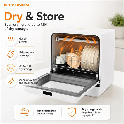 Slick Compact Countertop Dishwasher With Easy Touch Interface And Four Custom Cycles For Zero Sweat Cleaning In Tight Spots Like Apartments And RV Camping Using Dual Spin 360 Degree Blast Arms For Serious Grease Cutting Power showcasing hot air drying and 72H dry storage.
