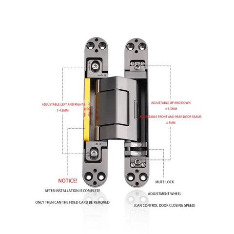 Heavy Duty Hydraulic Buffer Hinge With Invisible Hidden Spring For Automatic Soft Close Silent Operation Built Tough Without The Hassle showing adjustment features and mute lock.