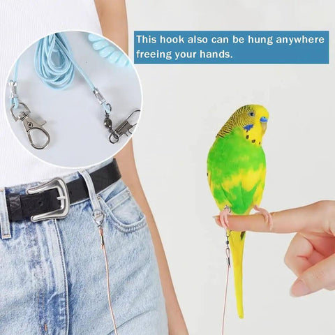 Parrot Flying Training Rope Kit With Five Size Bird Foot Rings shown with parakeet perched and hook attached to belt loop.