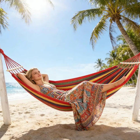 Woman relaxing in Rainbow Cotton Canvas Hammock With Tree Straps And Bar, Ultra Comfy Durable Fabric on a beach between palm trees.
