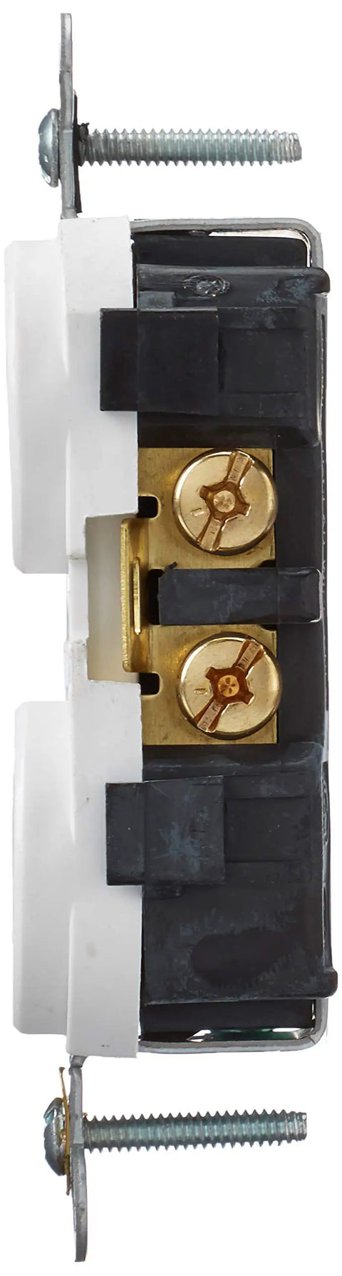 5822-W Straight Blade Single Receptacle 250 Vac 20 A 2 Pole 3 Wire White With Heavy Duty Brass Contacts Large Head Terminal Screws Captive Mounting Screws And Backed Out Staked Terminals No Hassle Wiring side view