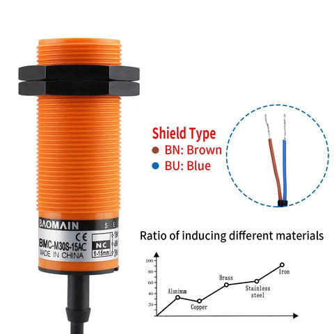 Capacitive Proximity Sensor Cylindrical M30 Plastic Sn 15 mm 220V NC Contacts with 2 Wire Cable for Industrial Automation