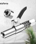 Grease Gun Coupler Kit Built Tough With 12 Inch Spring Hose And Six Fittings Quick Lock Release High Pressure 10000 PSI Universal One Eighth NPT Fits All Grease Guns Heavy Duty Alloy Steel close-up view
