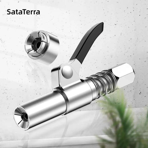 Grease Gun Coupler Kit Built Tough With 12 Inch Spring Hose And Six Fittings Quick Lock Release High Pressure 10000 PSI Universal One Eighth NPT Fits All Grease Guns Heavy Duty Alloy Steel close-up view