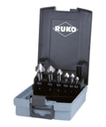Dead Nuts Reliable Industrial Grade HSS E Countersink Set With Razor Sharp Cutting Edges in storage case for clean hole finishing.