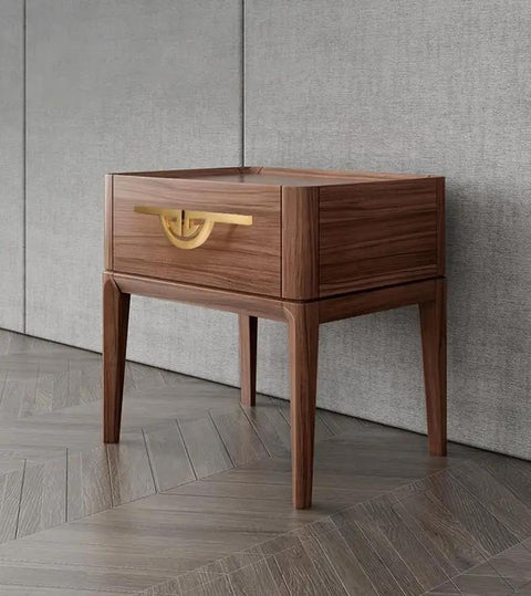 Top Notch Vintage Brass Cabinet Pulls Set Semi Circular Gold Dresser Handles installed on wooden bedside cabinet