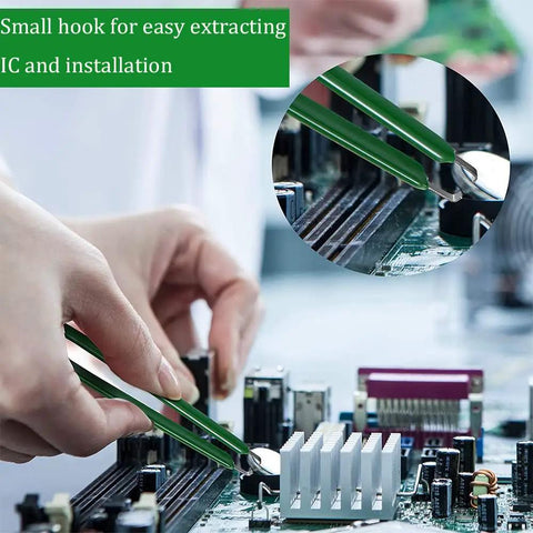 Heavy Duty IC Puller And Chip Extractor Kit Featuring Stainless Steel Construction And Insulated Vinyl Grip To Safely Remove Pin Components Without Static Nonsense Includes 5 Legit Essential Tools, showing small hook in use on circuit board.
