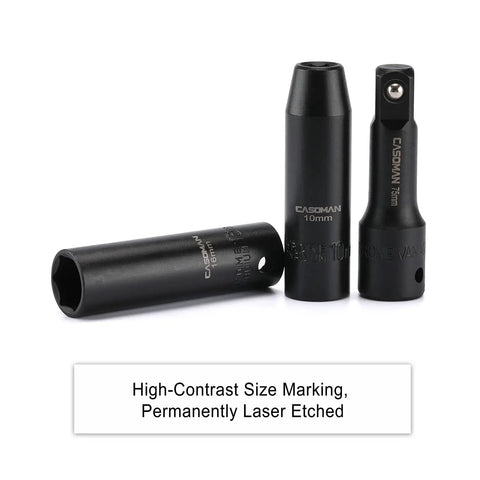 Half Inch Drive Deep Impact Socket Set Cr-V Steel Metric 10Mm To 24Mm With 3 Inch 5 Inch And 10 Inch Extension Bars For Auto Repair And Heavy Duty Jobs Pro Grade Gear showcasing laser-etched size markings.