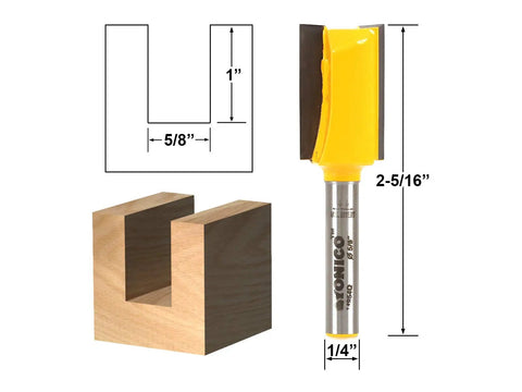 Heavy Duty Straight Router Bit With 5/8 Inch Diameter And 1 Inch Cutting Length Includes A Quarter Inch Shank Plus Sharp Carbide Blades.