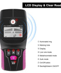 Professional Wall Scanner, Stud Finder & Live Wire Detector with LCD display and controls for clear readings.