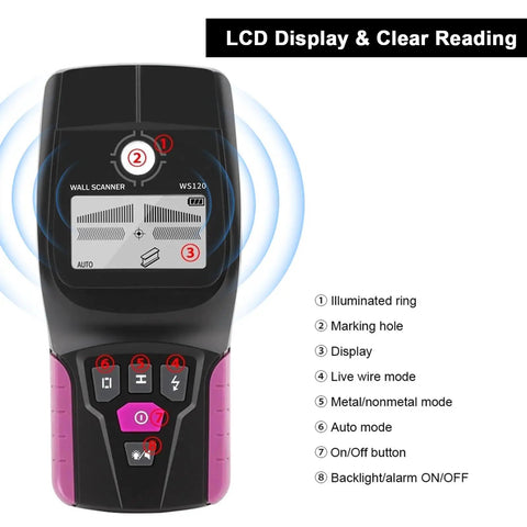 Professional Wall Scanner, Stud Finder & Live Wire Detector with LCD display and controls for clear readings.