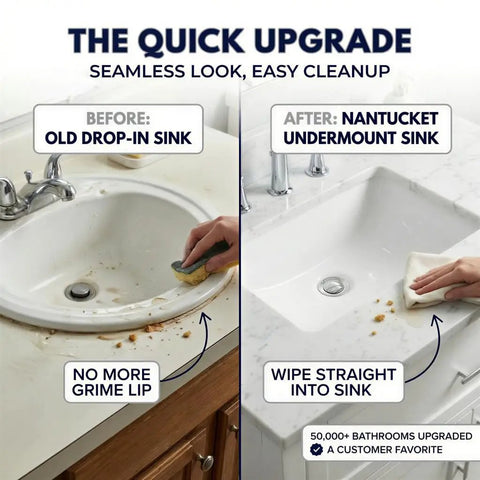 Before and after comparison with old drop-in sink versus undermount white bathroom sink 18 by 12 inch interior rectangular bowl.