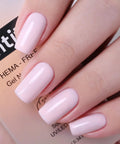 HEMA Free Gel Nail Polish Set With Milky Pink And Pastel Pink, Two 10ml Bottles, UV LED Soak Off Kit shown on manicured nails