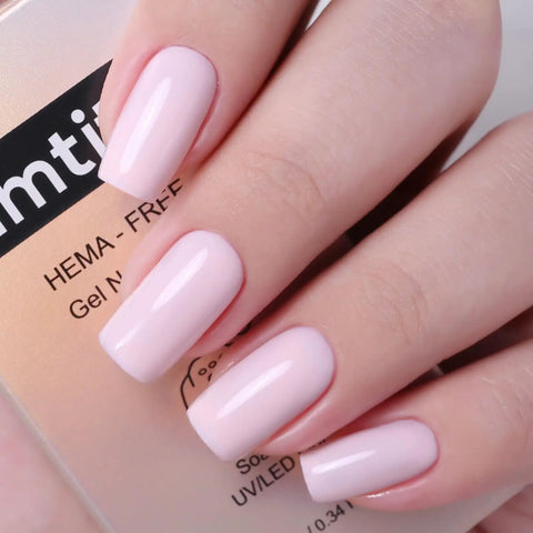 HEMA Free Gel Nail Polish Set With Milky Pink And Pastel Pink, Two 10ml Bottles, UV LED Soak Off Kit shown on manicured nails