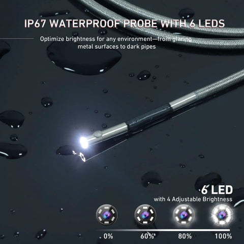 Ultra Slim 3.9mm Two Way Articulating Borescope With 5 Inch HD IPS Screen Stainless Steel Flexible Fiber Optic Endoscope Camera With Built In Light For Tight Engine And Pipe Inspections 0.15 Inch Probe Automotive Tool, IP67 probe with 6 LEDs in close-up