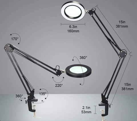 LED Magnifying Desk Lamp With Clamp, Dimmable 3 Lighting Modes, 10W Task Light, adjustable swing arm, dimensions labeled