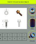 Diagram and features of Titanium M8x15mm crank arm fixing bolts, ultra lightweight, rust resistant, burnt blue finish for square taper cranksets.