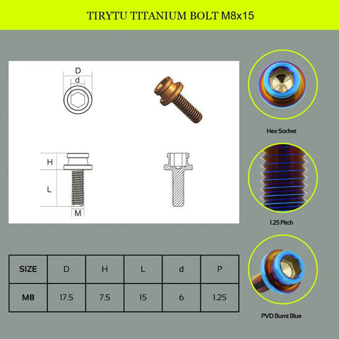 Diagram and features of Titanium M8x15mm crank arm fixing bolts, ultra lightweight, rust resistant, burnt blue finish for square taper cranksets.