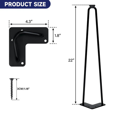 Diagram of 22 Inch Hairpin Table Legs Set Of 4 Heavy Duty Black Metal Furniture Legs for DIY Projects with measurements.