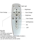 Remote control for Modern Dimmable LED Ceiling Light, Sleek Black Square Acrylic Flush Mount Chandelier, labeled buttons.