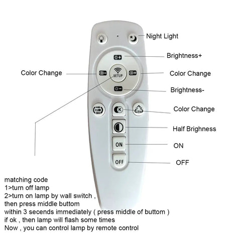 Remote control for Modern Dimmable LED Ceiling Light, Sleek Black Square Acrylic Flush Mount Chandelier, labeled buttons.