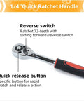 1/4 inch quick ratchet handle with reverse switch and quick release button from All In One 47 Piece Home Repair Tool Kit