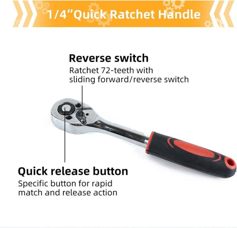 1/4 inch quick ratchet handle with reverse switch and quick release button from All In One 47 Piece Home Repair Tool Kit