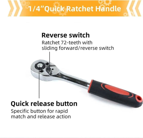 1/4" Quick Ratchet Handle with dual component rubber grip, reverse switch, part of 47-Piece Green Repair Tool Set for home fixes.