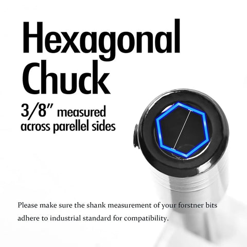 Heavy Duty 10 Inch Forstner Bit Extension With 3/8 Hex Shank showing hexagonal chuck for compatibility in drills.