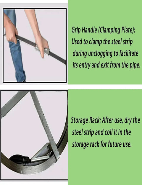 Heavy Duty Manual Steel Drain Snake, 20 Meter Flat Wire Pipe Auger grip handle for easy clamping during pipe unclogging.