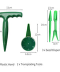 Six Pack Seed Sowing Dispenser Set with Adjustable Garden Hand Planter Seeder Tool for Flowers and Veggies shown with dimensions.