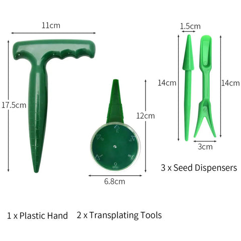 Six Pack Seed Sowing Dispenser Set with Adjustable Garden Hand Planter Seeder Tool for Flowers and Veggies shown with dimensions.