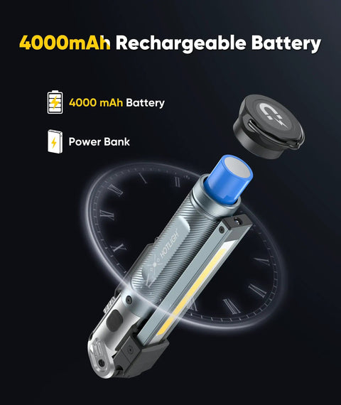 4000mAh rechargeable battery and cap for Rechargeable Magnetic Work Light With Hook 1200 Lumens Hands Free Mechanic Flashlight For Car Repair Emergency And Outdoor Work Three Modes Boss Level Bright Portable LED Light