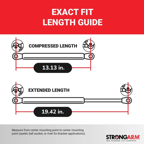 Two Pack Beefy Hatch Lift Supports With Smooth Operating Gas Struts For Tailgate Replacement Hassle Free Install And Durable Construction For Nissan Pulsar Drivers length guide showing compressed and extended measurements of 13.13 in and 19.42 in.