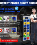 OBD2 Breakout Box With LCD Display For OBDII Protocol Detection 16 Pin CAN Bus Tester with LED indicators in garage.