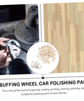 Hands using drill with buffing wheel next to variety of polishing pads, showcasing 120 Pcs Wool Polishing Wheels Set With Mandrel And Shank For Rotary And Electric Drills Pro Grade Buffing Kit For Metal And Car Detailing Perfect For Tight Spots And Fine Finishing.