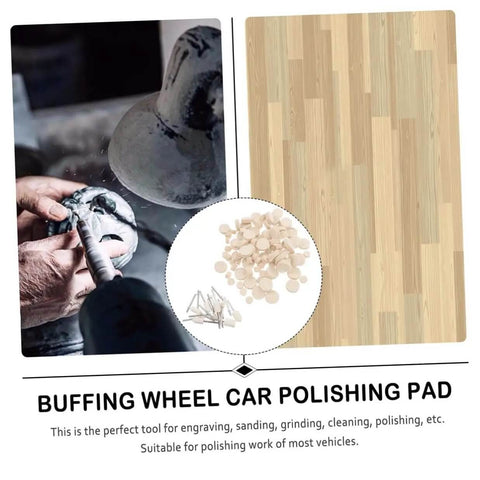 Hands using drill with buffing wheel next to variety of polishing pads, showcasing 120 Pcs Wool Polishing Wheels Set With Mandrel And Shank For Rotary And Electric Drills Pro Grade Buffing Kit For Metal And Car Detailing Perfect For Tight Spots And Fine Finishing.
