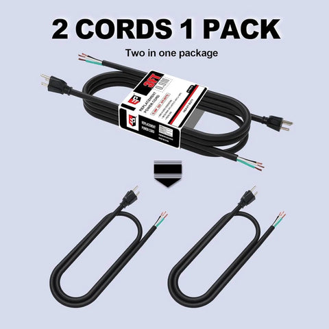 Two Pack 3 Ft 14/3 SJTW Appliance And Power Tool Cord, Heavy Duty 15 Amp 125V Replacement Cable With Pigtail End, ETL Listed NEMA 5-15P To Bare Wire, 14 AWG Three Conductor, 1875 Watts Max, two cords shown