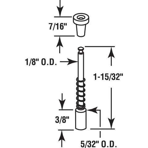 Top Shelf Aluminum Window Screen Plunger Latch And Spring Bolt Kit dimensions illustration showing sizes and measurements for various parts.