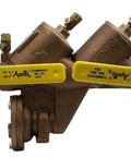 Pro Grade Rpz Backflow Preventer With Union End Bronze Ball Valve 1 1/2 Inch Blue Housing heavy duty plumbing fixture with yellow handles.