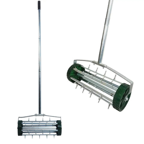 Rolling Lawn Aerator With 1.4 Inch Spikes, Rotary Push Tine Spike Soil Aerator with 3 Piece Long Steel Handle for aeration