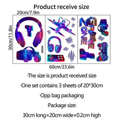 3D Glow In The Dark Video Game Controller Wall Decal For Boys Room Kids Bedroom Playroom Multicolor Wall Sticker Decor Dope Gamer Vibe Deluxe Set With Easy Peel Adhesive Backing showing dimensions and contents of three sheets