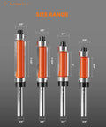 Flush Trim Router Bit Set Four Piece One Quarter Inch Shank Top And Bottom Bearing Carbide Template Guide Bits For Woodworking