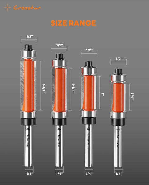 Flush Trim Router Bit Set Four Piece One Quarter Inch Shank Top And Bottom Bearing Carbide Template Guide Bits For Woodworking